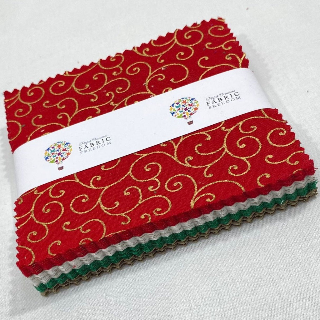 FX120 Swirls Christmas Lacquer Foil 5" Quilting Cotton Fabric Squares - 42 x 5" by 5"