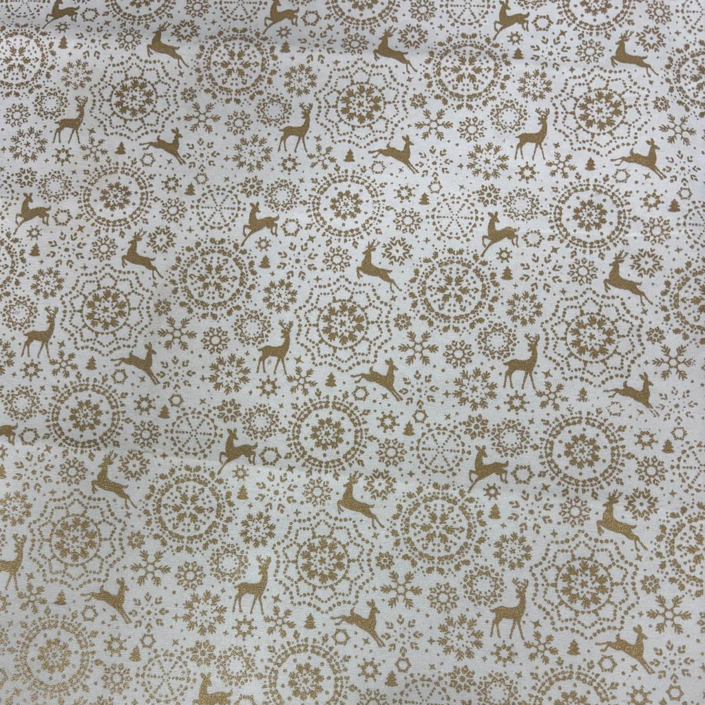 FX129 - Reindeers & Snowflakes Lacquer Foiled 100% Quilting Cotton, Approx. 44" (112cm) Wide