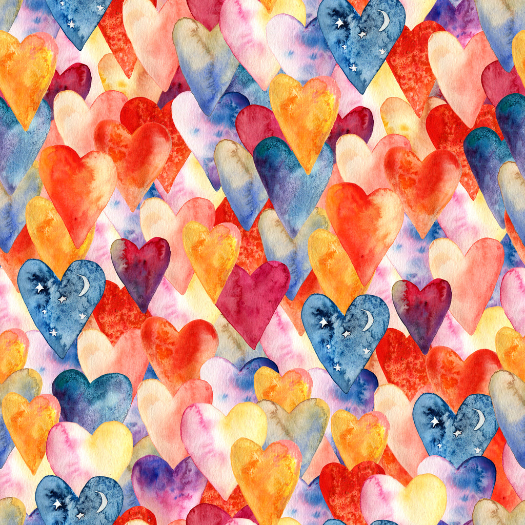 FF3766 Water Coloured Hearts - Digital Print 100% Quilting Cotton