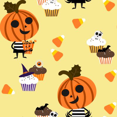 FF433 - Cupcakes Pumpkins Halloween Fabric 100% Quilting Cotton Approx. 44"/112cm