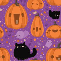 FF436 - Black Cat Pumpkin Patch Halloween Fabric 100% Quilting Cotton Approx. 44"/112cm