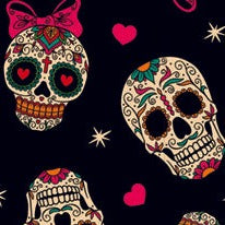 FF437 - Smiling Voodoo Skulls Halloween Fabric 100% Quilting Cotton Approx. 44"/112cm