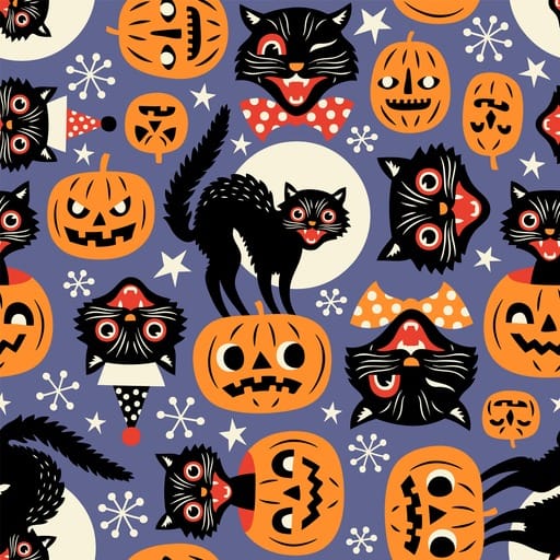 DP224 Black Cat & Pumpkins Halloween - Digital Print 100% Cotton Poplin