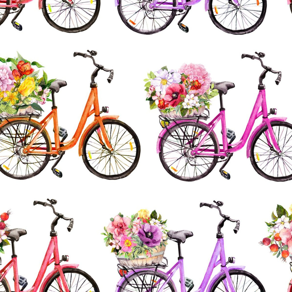 FF2054 Cycles with Flower Baskets - Digital Print 100% Quilting Cotton
