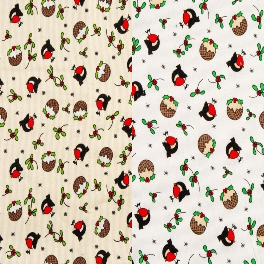 Christmas Puds & Robins Baby/Needle Corduroy, 100% Cotton Approx. 58"/147cm