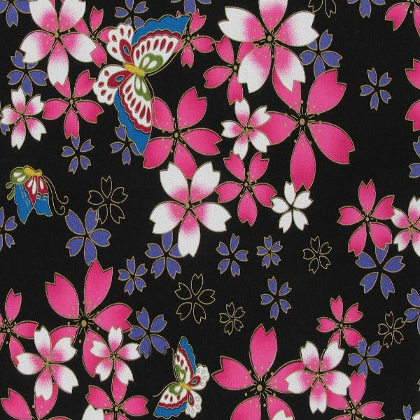 PO331 Japanese Floral Butterflies Metallic 100% Cotton, 58" (147cm) Wide